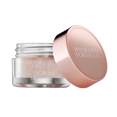 Ett tydligt glas med rosa lock innehåller kräm, märkt 'Physicians Formula Organic Rose'.
