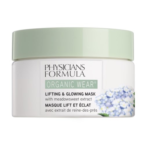 En krukke med hudpleiemasker med grønt lokk, etiketten sier Physician's Formula, Organic Wear, Lifting & Glowing Mask, med meadowsweet.