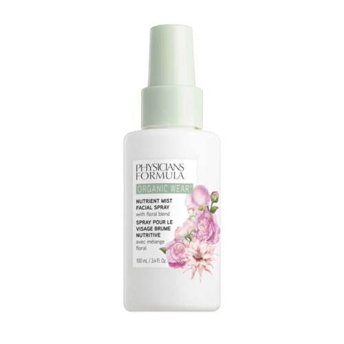 En vit flaska med spraylock innehåller Physicians Formula ansiktsvatten med blommor och organiska ingredienser.