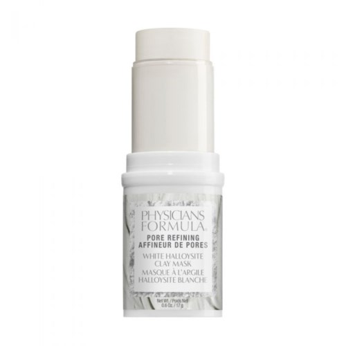 En liten hvit krukke med pumpe, merket 'Physicians Formula Pore Refining Clay Mask, White Halloysite, 0,6 oz.'