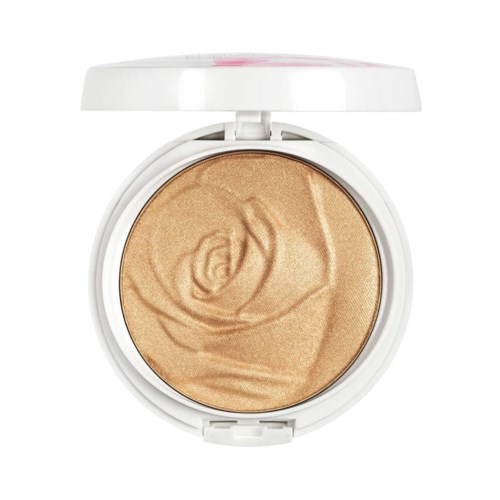 En liten rund makeup-kompakt med lys brunfarge inni og hvitt lokk åpnet.
