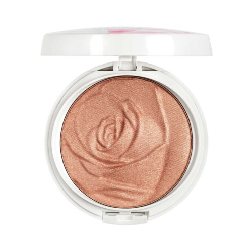 En rund makeup-kontakt med et kremfarget lokk, som inneholder skinnende beige øyeskygge.