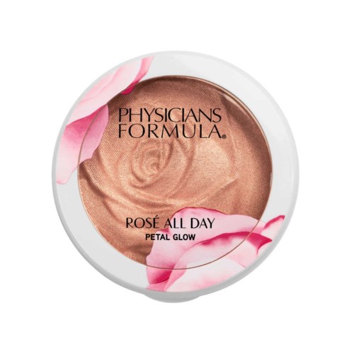 En rund sminkkompakt med rosa blomsterdesign, merket Physicians Formula Rosé All Day Petal Glow.