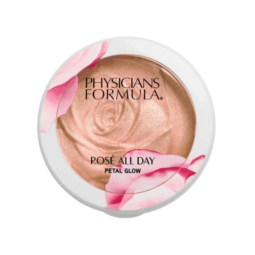 En rund beholder med Physicians Formula rosenfarget ansiktspudder med rosa blomsterdesign, merket "Petal Glow."