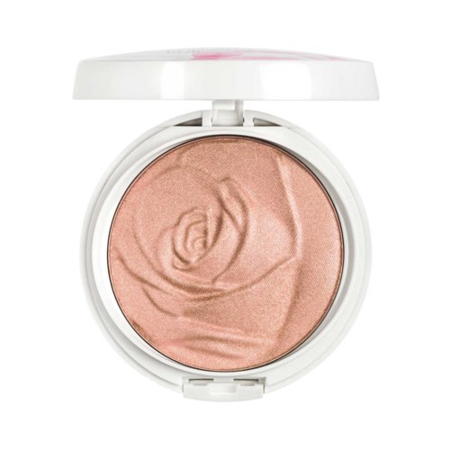 Et kompakt sminkeprodukt med skinnende amerikansk rosa pulver i et hvitt etui.