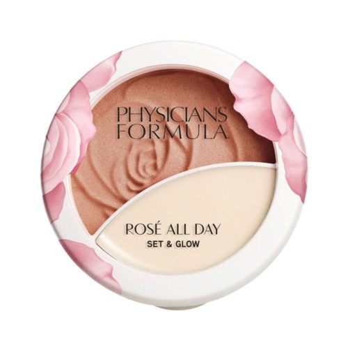 En sminkkompakt med rosa blommönster, märkt 'Physicians Formula Rosé All Day Set & Glow' i mitten.