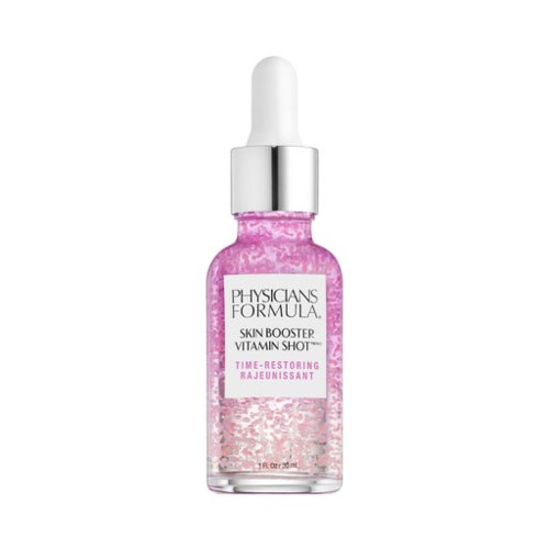 En rosa hudvårdsserumflaska med en pipett, märkt Physician's Formula, Vitamin Shot och Skin Booster.