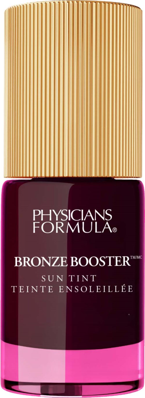 Physicians Formula Bronze Booster Sun Tint neglelakkflaske med gullhett og mørk rosa væske inni.