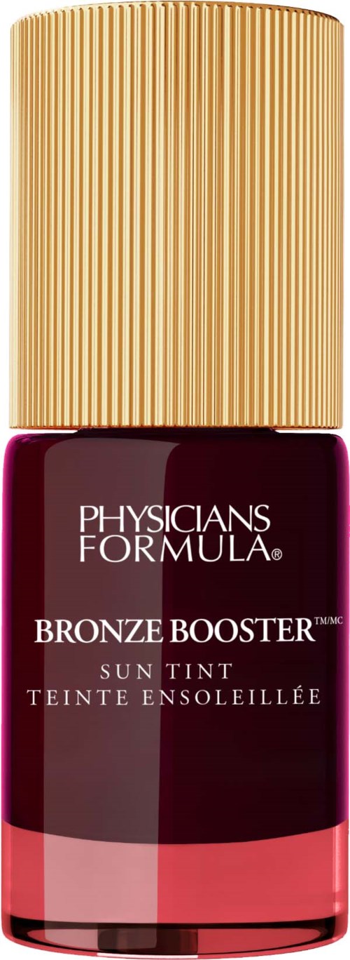 Physicians Formula Bronze Booster solkremflaske med gullokk og mørkerød og rosa kropp.
