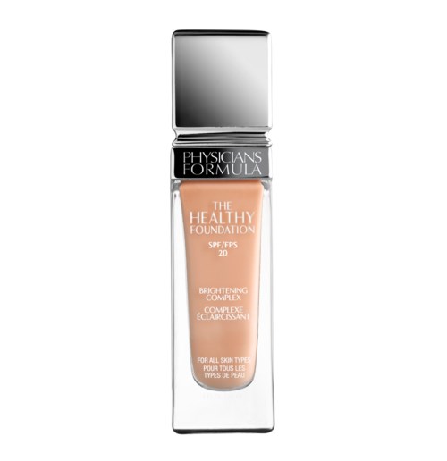 Butelka podkładu do twarzy oznaczona 'Physicians Formula', SPF 20, dla wszystkich rodzajów skóry, z rozświetlającym kompleksem.