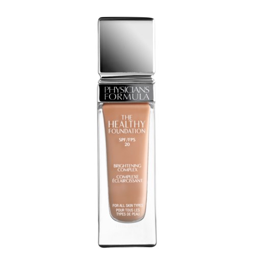 Butelka podkładu z srebrną nakrętką i czarnym paskiem, oznaczona "Physicians Formula The Healthy Foundation SPF 20".