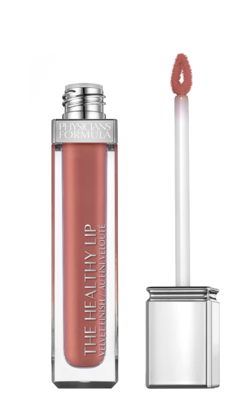 Ett läppglans med en rosa-brun färg, genomskinlig förpackning och en skaft med en rosa appliceringsspets.