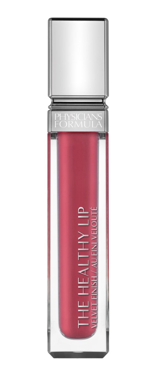 Ett läppglansrör med rosa vätska och silverlock, märkt 'The Healthy Lip' och 'Physicians Formula.'
