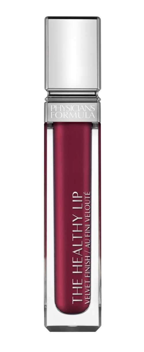 En flaska med mörkröd läppstift med silverlock, märkt "The Healthy Lip" och "Physicians Formula."