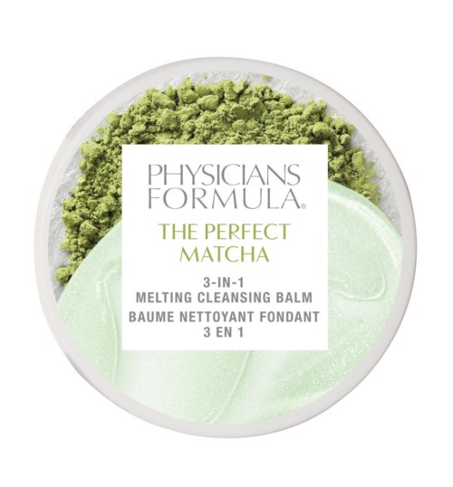 En rund behållare med grönt pulver och till gel, märkt Physicians Formula Matcha rengöringsbalsam.