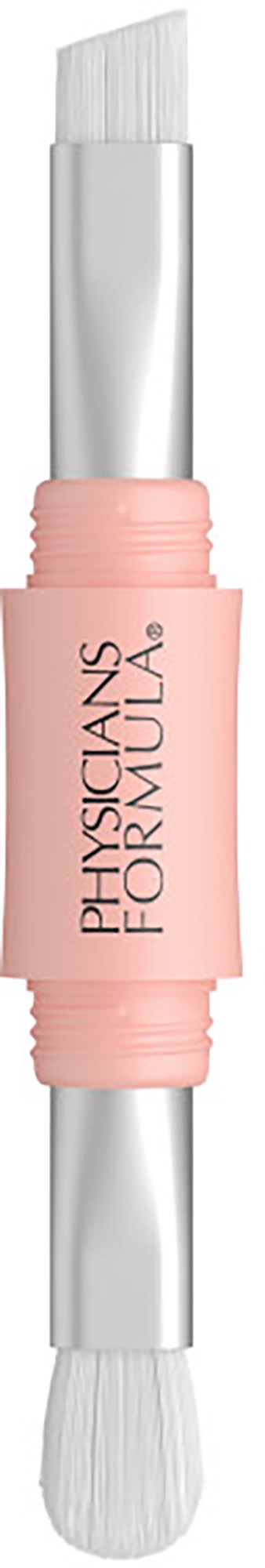 A dual-ended brush with white bristles and a pink body labeled 'Physicians Formula' for makeup application.