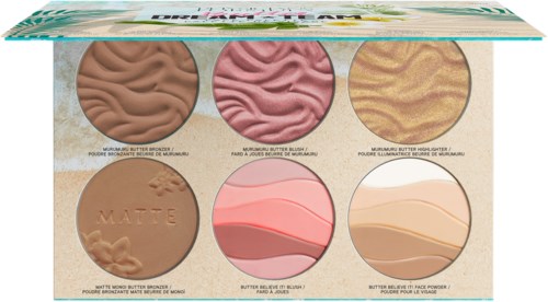 En makeup- palett med sex blush- och bronzer-puder i olika nyanser och texturer, märkt för ansiktet.