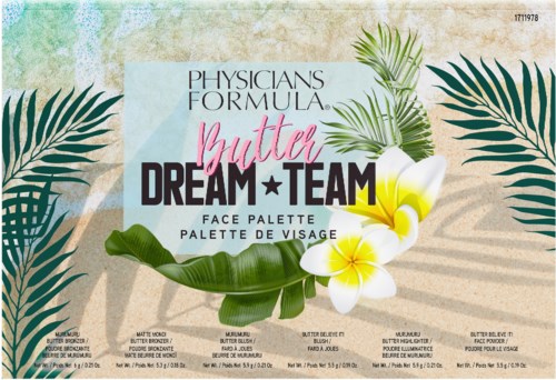 En ansiktsmakeup pall med namnet 'Physicians Formula Butter Dream Team' med tropiska blad och vita blommor på förpackningen.