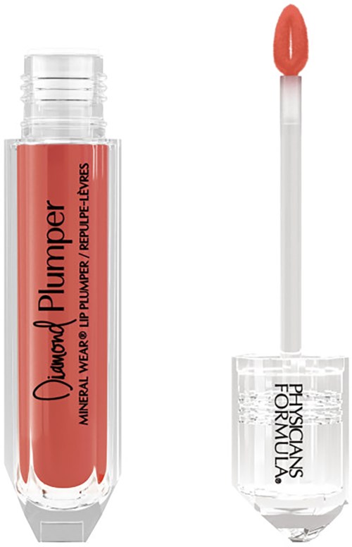 A coral-colored liquid lipstick in a clear tube with a wand for application.