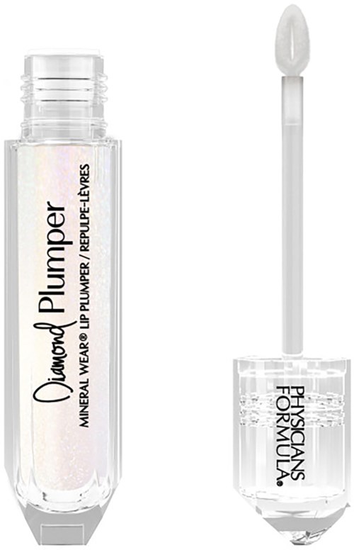 Clear lip gloss tube with a white applicator wand and black text label.