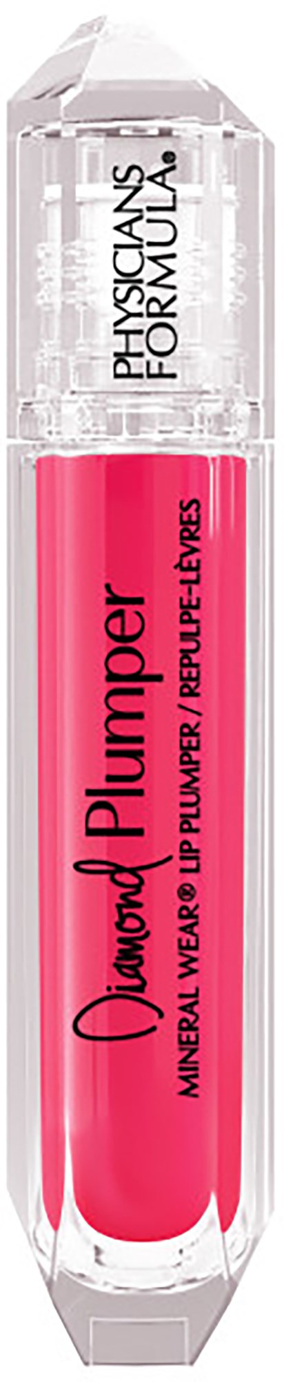 Przezroczyste opakowanie z różowym błyszczykiem do ust oznaczonym 'Dream Lover Lip Plumper'. Przezroczysta nakrętka na górze.
