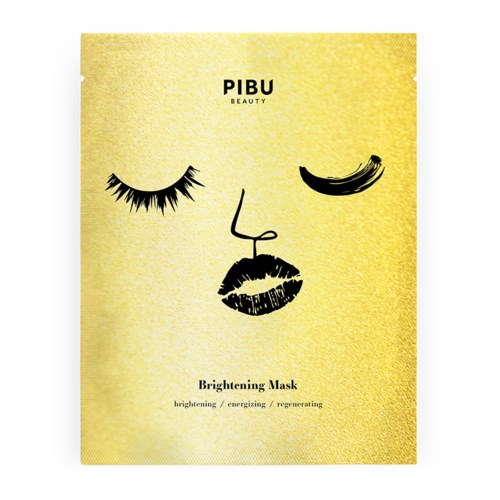 Gul förpackning med en minimalistisk ansiktsillustration, inklusive stängda ögon, näsa och läppar, för en skönhetsmask.