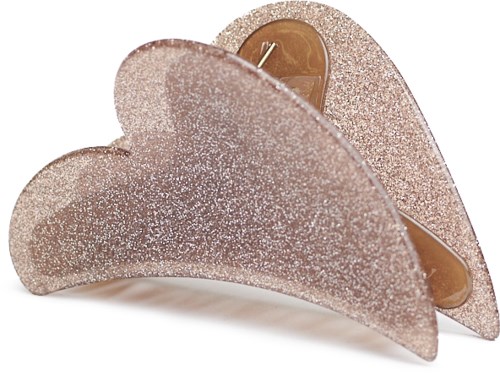 Ett glänsande, glitterigt par av hjärtformade örhängen med stift bakom.
