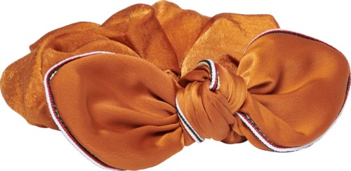 En stor orange tyg hårsnodd med rosett och randiga kanter.