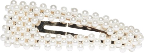 A decorative hair clip covered with small white pearls placed on black background.