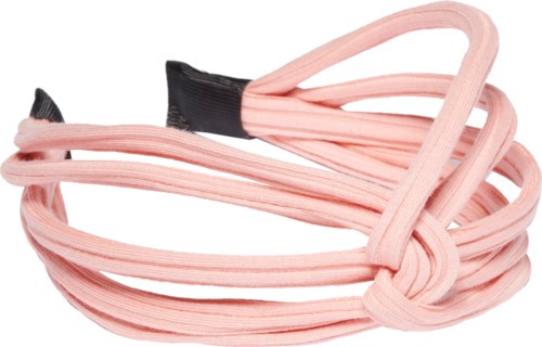 Et mykt rosa elastisk hårbånd med svarte ender, designet for å holde håret tilbake.