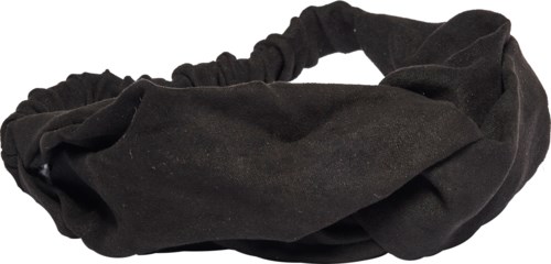 En svart stoffhodebånd med en vridd knudedesign og elastisk bånd for sikker passform.