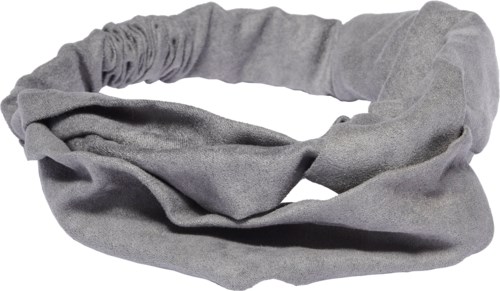 Ett grått tygband, mjukt och snurrat, troligen ett pannband eller elastiskt hårband.