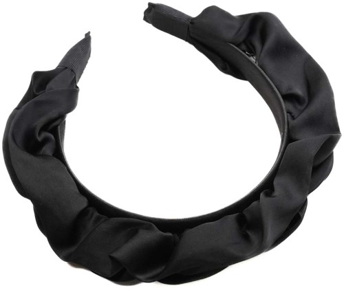 Ein schwarzer Haarreif mit gerafft wirkendem Stoff und verstellbarem Band.