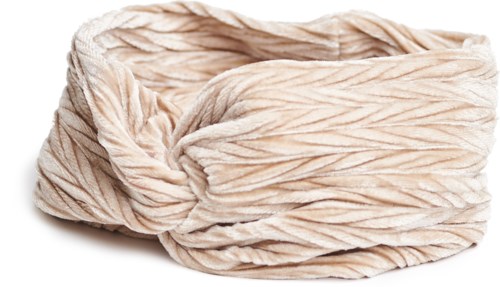 En ljusfärgad, mjuk tyg-hårband med knuten fram, gjord av texturerat material.
