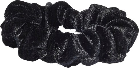 A black scrunchie made of shiny, velvety fabric, gathered in a circular shape.