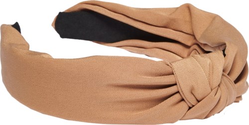 Ett beige tygheadband med rosett, delvis svart på insidan, avsett att bäras runt huvudet.