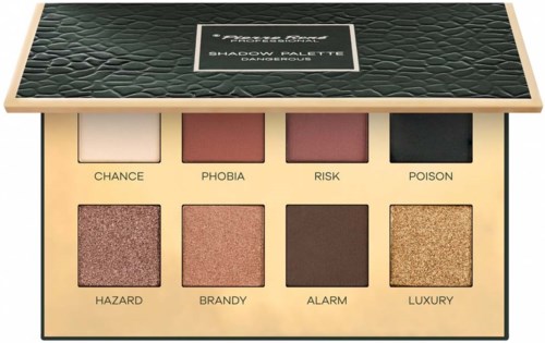 En sminkepalette med åtte øyenskyggefarger merket Chance, Phobia, Risk, Poison, Hazard, Brandy, Alarm, Luxury.