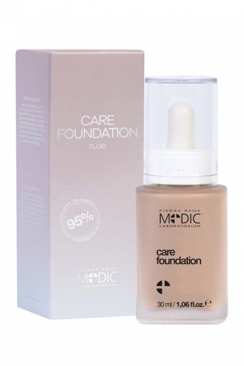Beige-maninen nestepullo, jonka vieressä on vaaleanpunainen rasia, jossa lukee 'Care Foundation Fluid'.