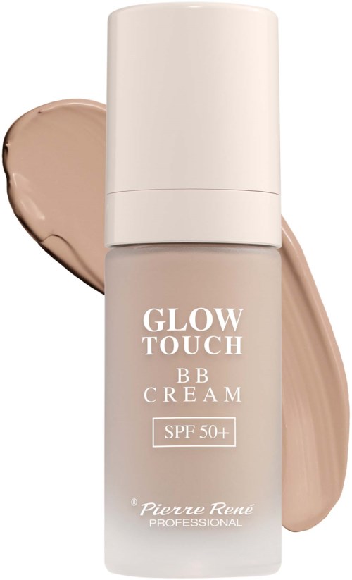 A bottle of BB cream with SPF 50+ and a beige-colored cream spread behind it.