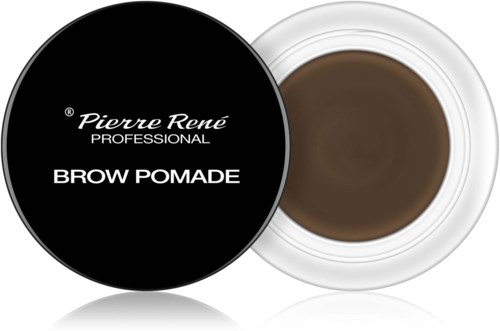 En burk med brynpomada med svart lock, märkt 'Pierre René ProfessionaL Brow Pomade', öppen för att visa brunt innehåll.