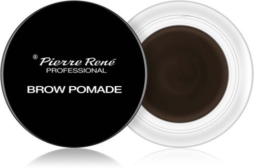 Ett svart lock med texten 'Pierre René Professional Brow Pomade', vitt background och lite mörkbrunt innehåll.
