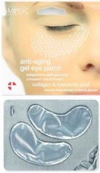 En pakke anti-aging gel øjenpuder med to gelé-puter i en sølvfarvet pakning.