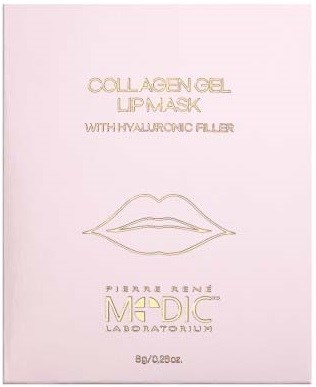 Hellrosa Verpackung mit goldener Schrift und Lippenumriss für Kollagen-Gel-Lippenmaske.