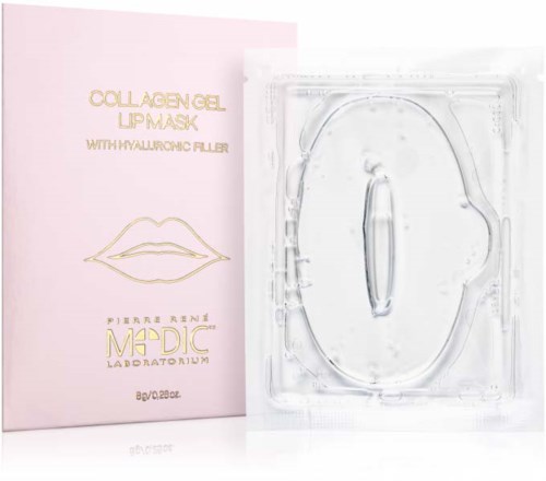 Eine pinke Verpackung mit goldener Schrift und Lippenkontur, neben einer transparenten Maske für das Gesicht.