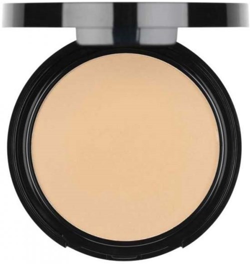 En rund makeup-ask med beige puder inuti och en svart kant.
