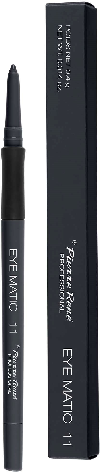 En svart ögonpenna tillsammans med en ask bredvid, märkt 'EYE MATIC 11,' för ögonmakeup.