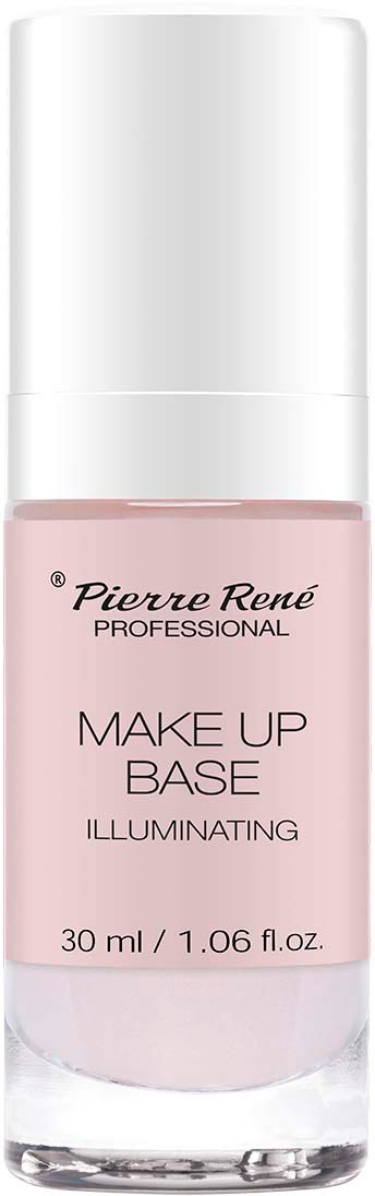 En rosa och klar flaska med vit lock, märkt 'Pierre René' för makeup grund ljusreflekterande, 30 ml.