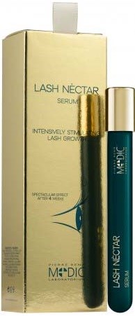 En kosmetikprodukt kaldet Lash Nectar Serum med gyldne pakker, en lille blå flaske, og en gylden kasse.