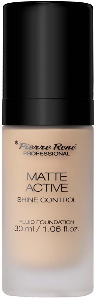 Pullo Pierre René Matte Active -meikkivoiteesta, jossa musta korkki ja beige etiketti.