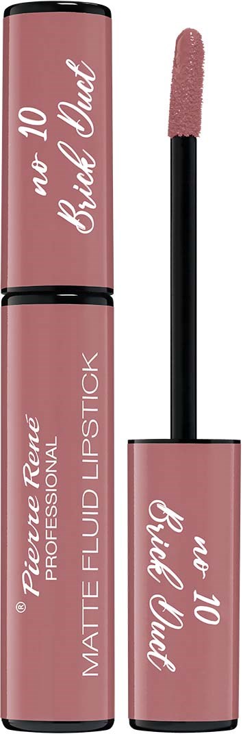 En rosa läppglansrör med applikator. Texten säger 'No. 10 Brick Punch' och 'Pcision Prime Matte Lip Fluid Lipstick.'